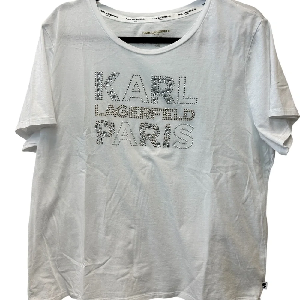 Karl Lagerfeld Paris White T-Shirt Women's Size XL Rhinestone Bling - Picture 2 of 12